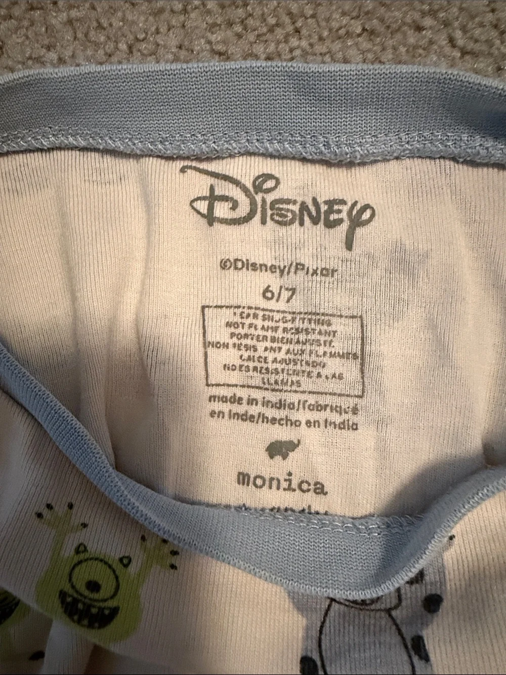 Kids White Pajama Set with Light Blue Trim and Monster Print